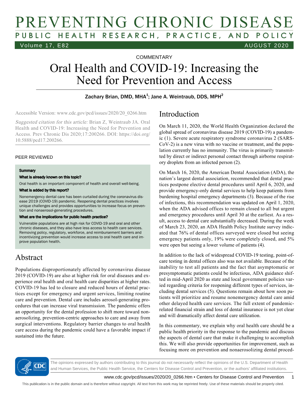 PREVENTING CHRONIC DISEASE PUBLIC HEALTH RESEARCH, PRACTICE, and POLICY Volume 17, E82 AUGUST 2020