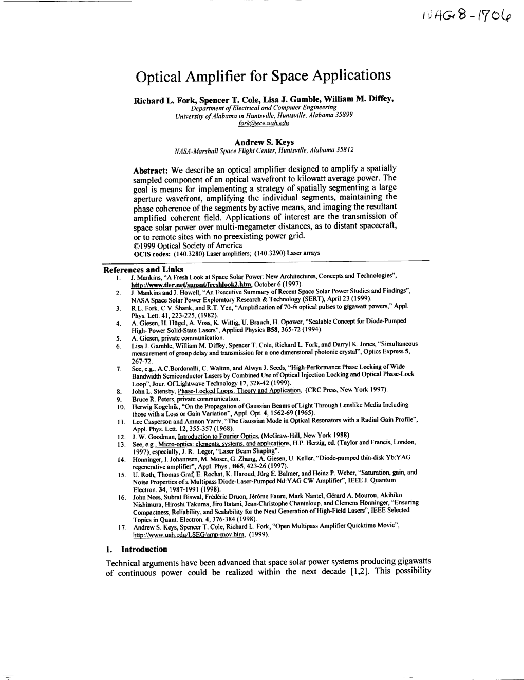 Optical Amplifier for Space Applications