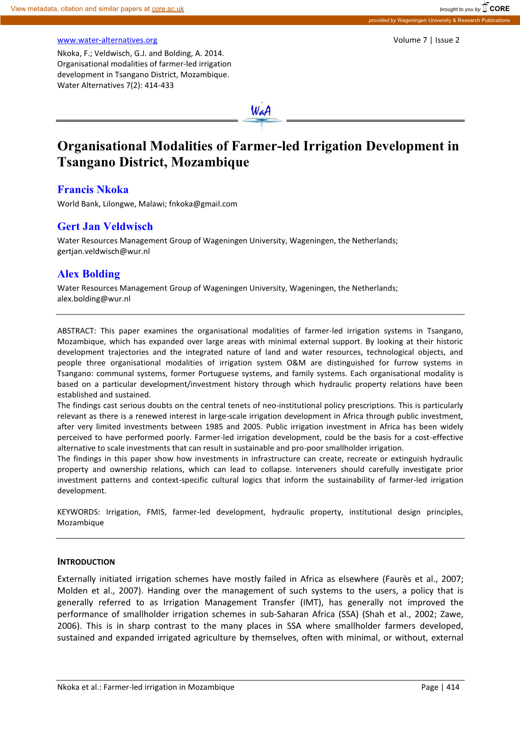 Organisational Modalities of Farmer-Led Irrigation Development in Tsangano District, Mozambique