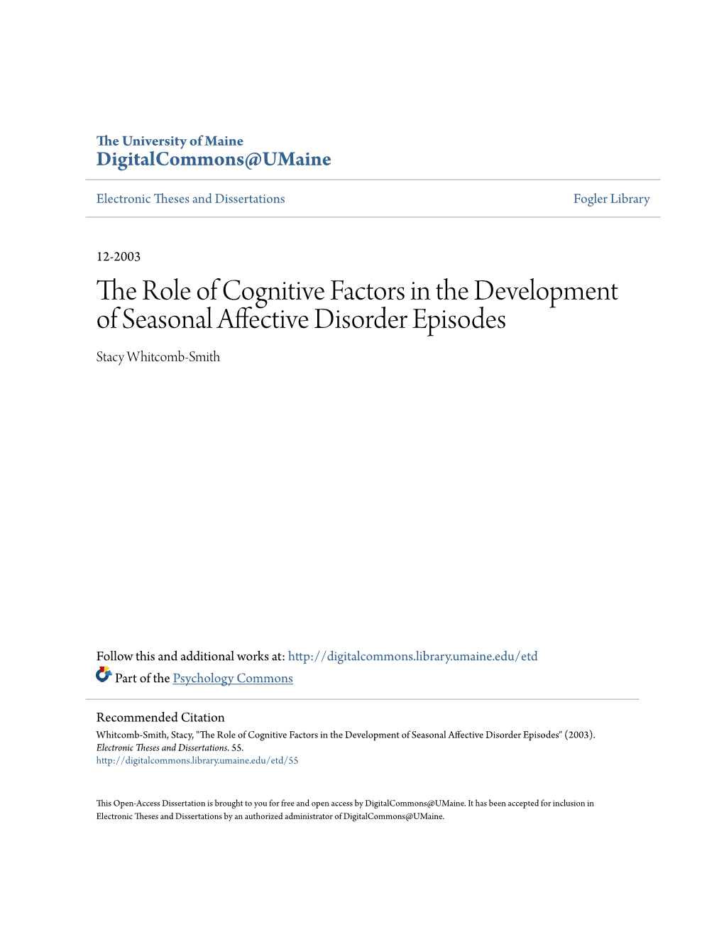 The Role of Cognitive Factors in the Development of Seasonal Affective Disorder Episodes Stacy Whitcomb-Smith