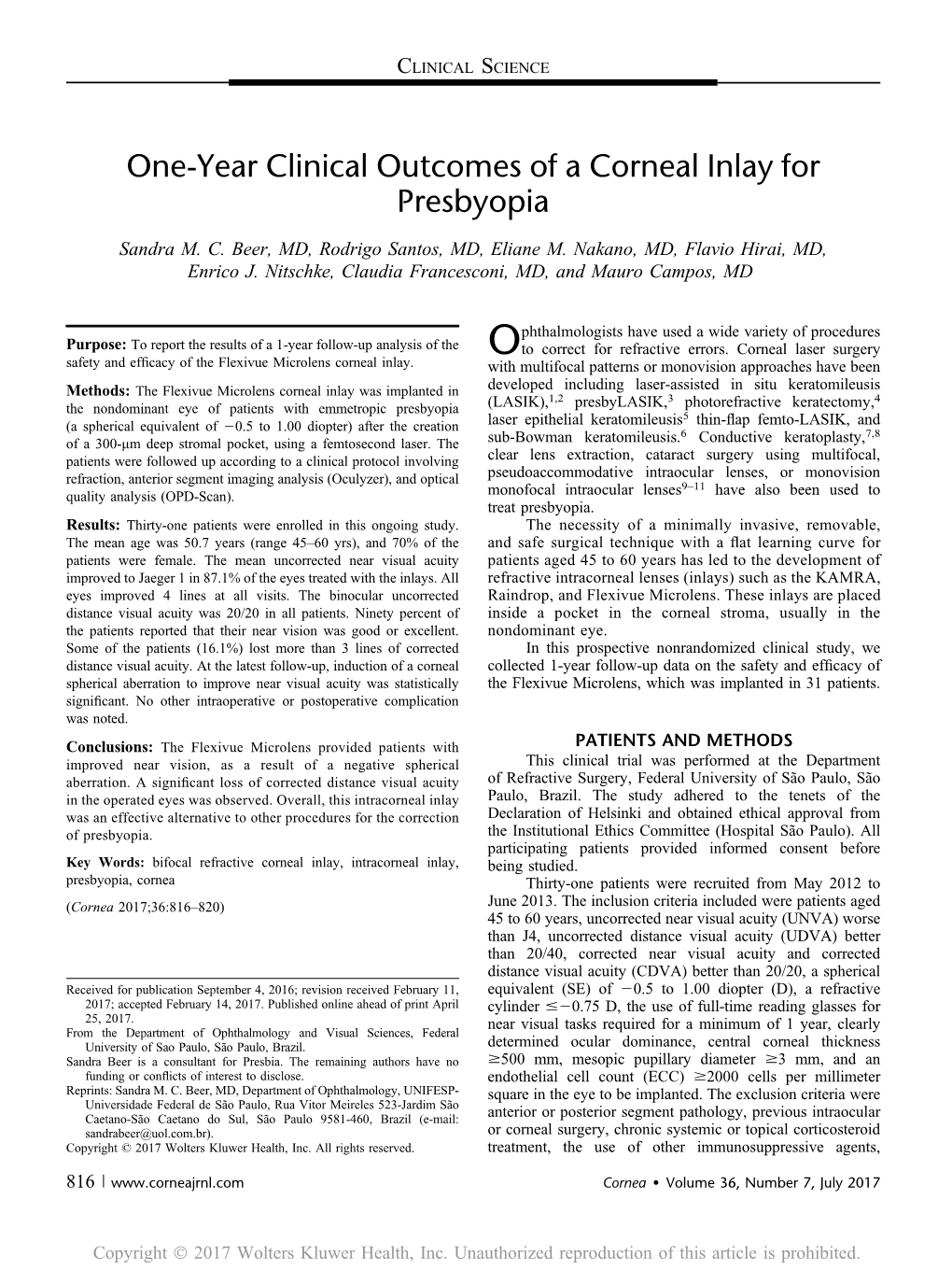 One-Year Clinical Outcomes of a Corneal Inlay for Presbyopia