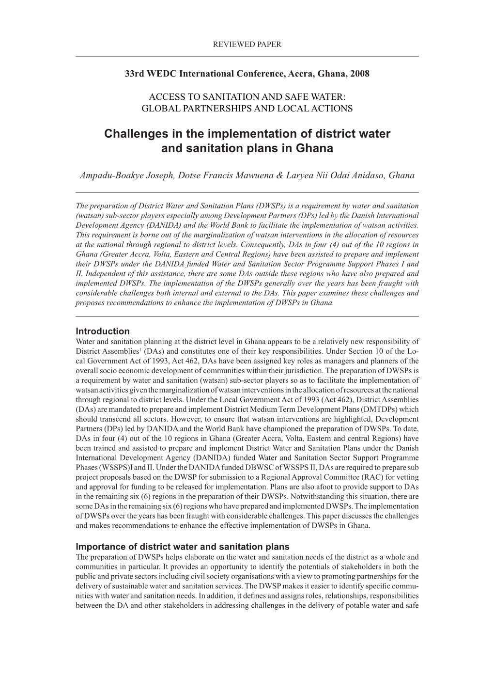 Challenges in the Implementation of District Water and Sanitation Plans in Ghana