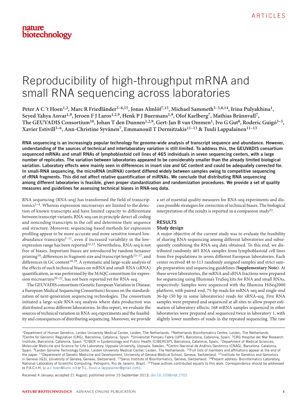 Reproducibility of High-Throughput Mrna and Small RNA Sequencing Across Laboratories