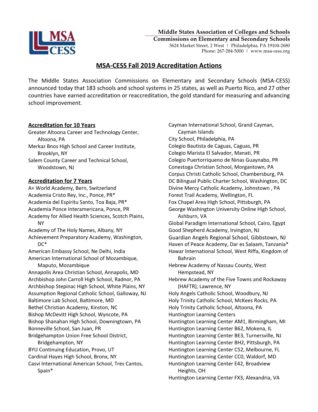 MSA-CESS Fall 2019 Accreditation Actions