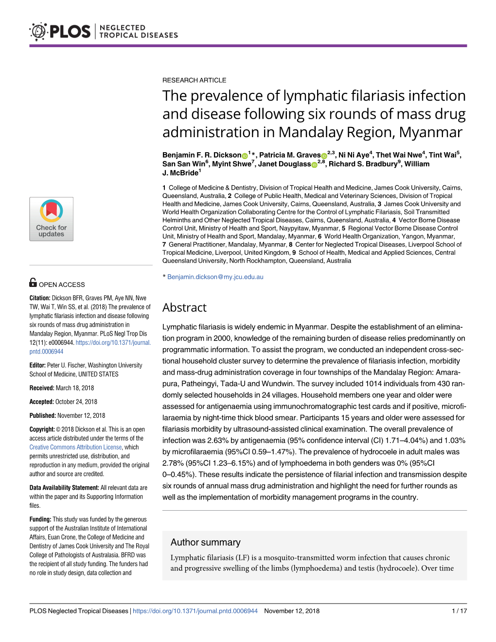 The Prevalence of Lymphatic Filariasis Infection and Disease Following Six Rounds of Mass Drug Administration in Mandalay Region, Myanmar