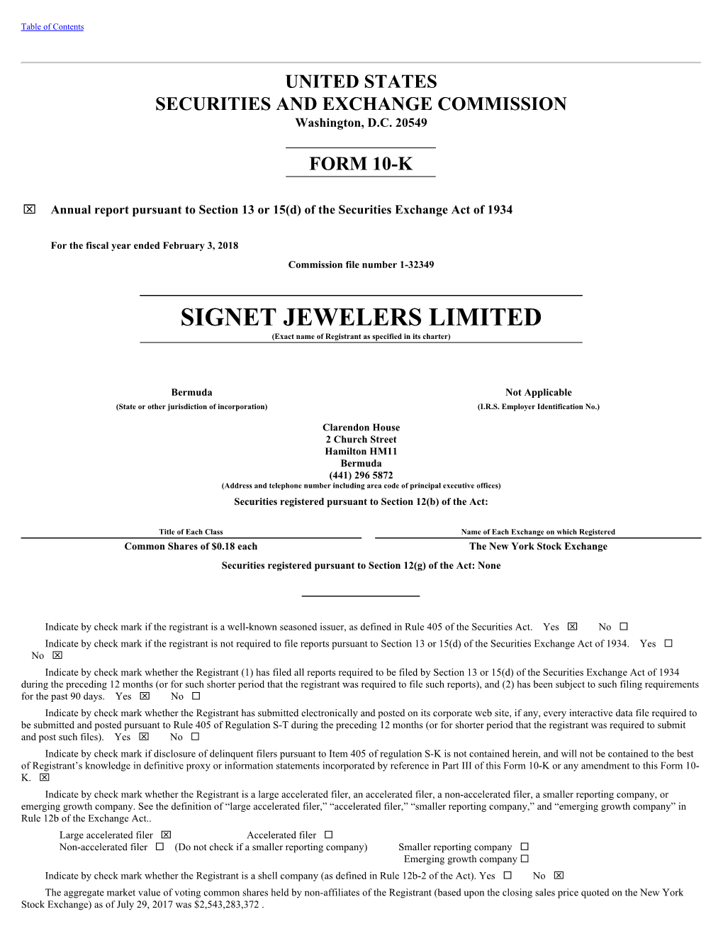 SIGNET JEWELERS LIMITED (Exact Name of Registrant As Specified in Its Charter)