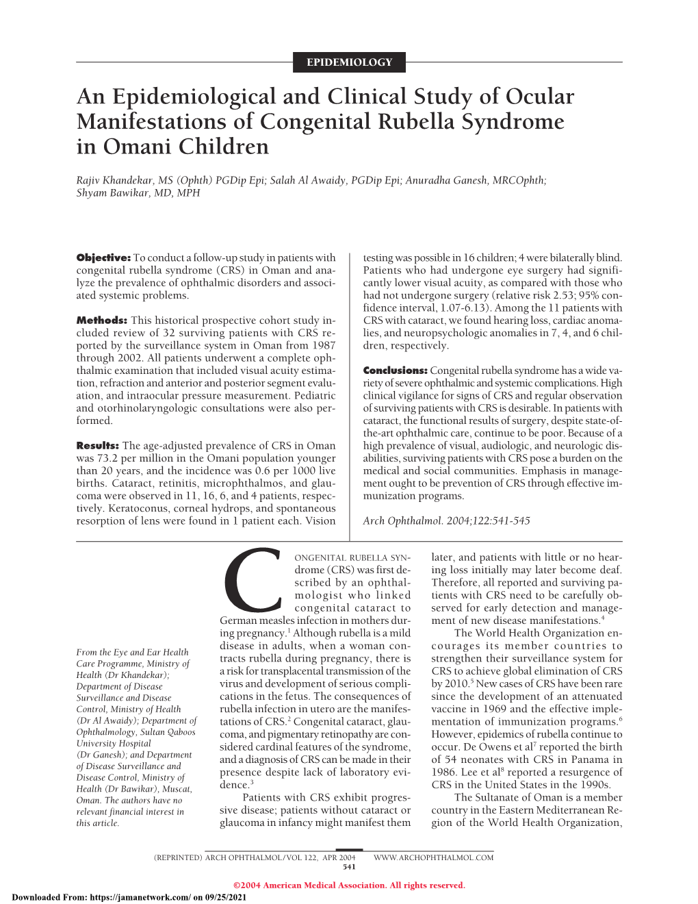 An Epidemiological and Clinical Study of Ocular Manifestations of Congenitalrubella Syndrome in Omani Children