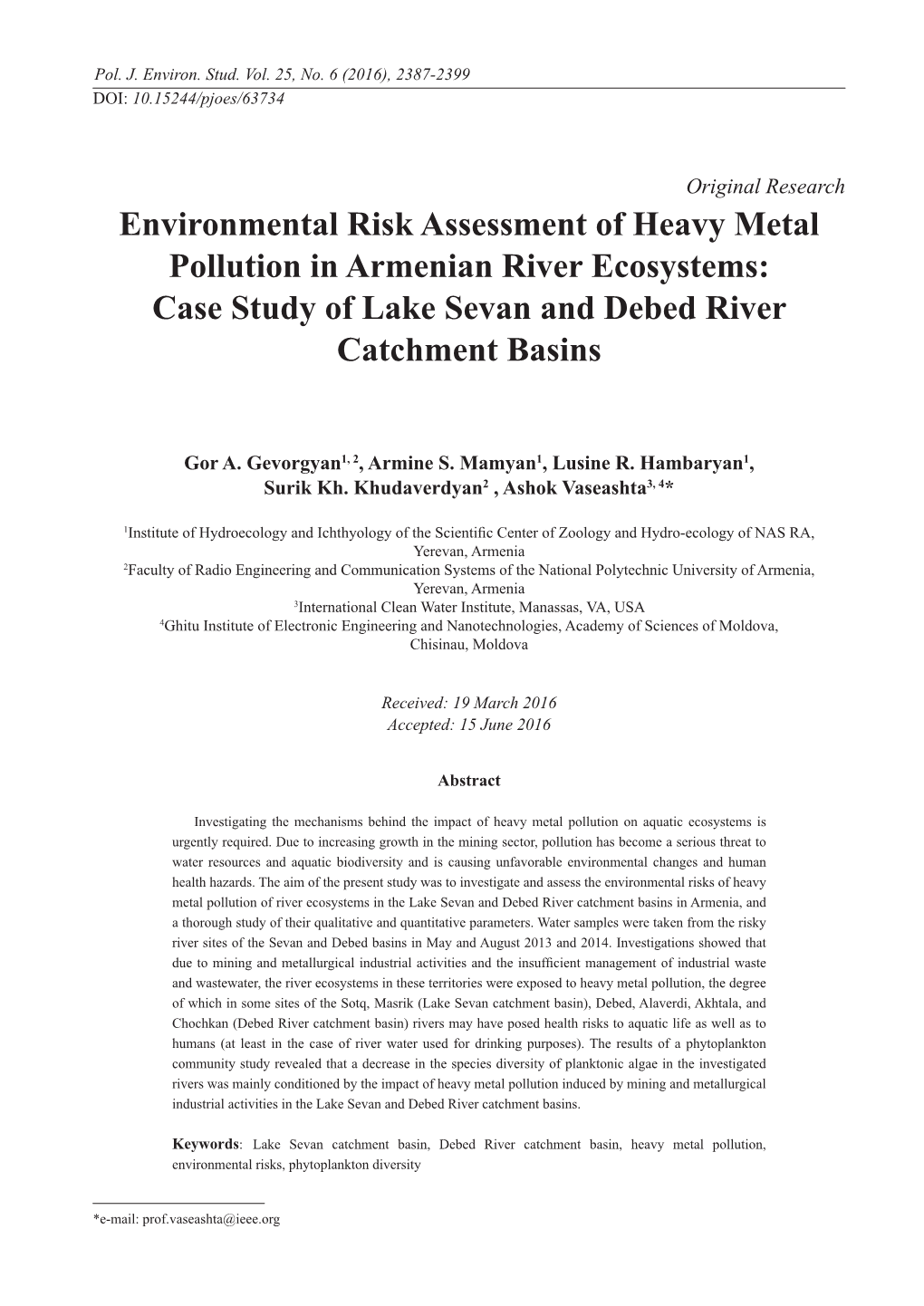 Environmental Risk Assessment of Heavy Metal Pollution in Armenian River Ecosystems: Case Study of Lake Sevan and Debed River Catchment Basins