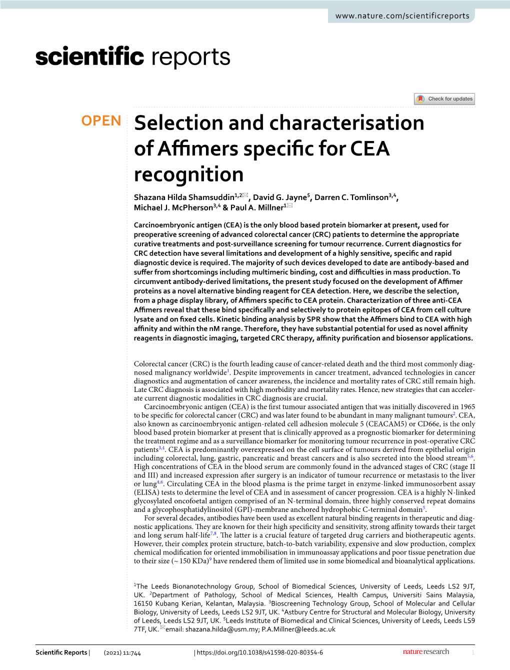 Selection and Characterisation of Affimers Specific for CEA Recognition