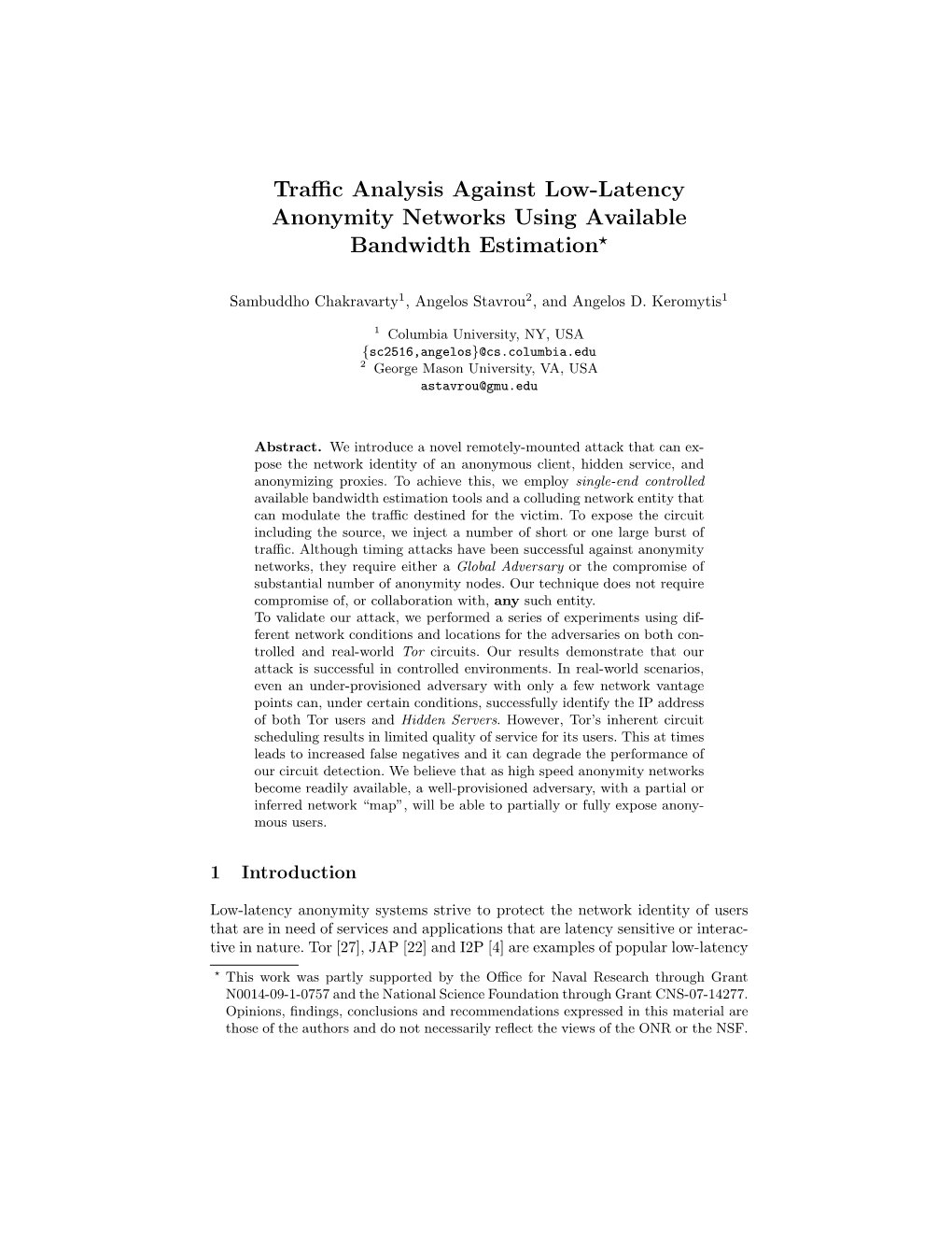 Traffic Analysis Against Low-Latency Anonymity Networks Using Available Bandwidth Estimation⋆