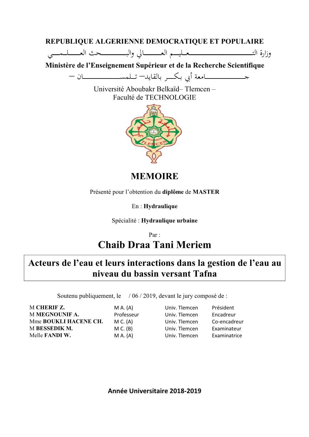 Chapitre I Généralité Sur Le Bassin Versant De La Tafna