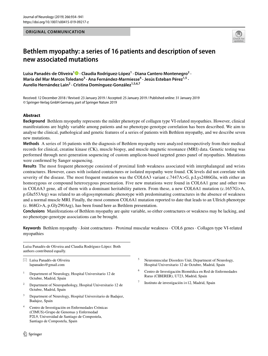 Bethlem Myopathy: a Series of 16 Patients and Description of Seven New Associated Mutations