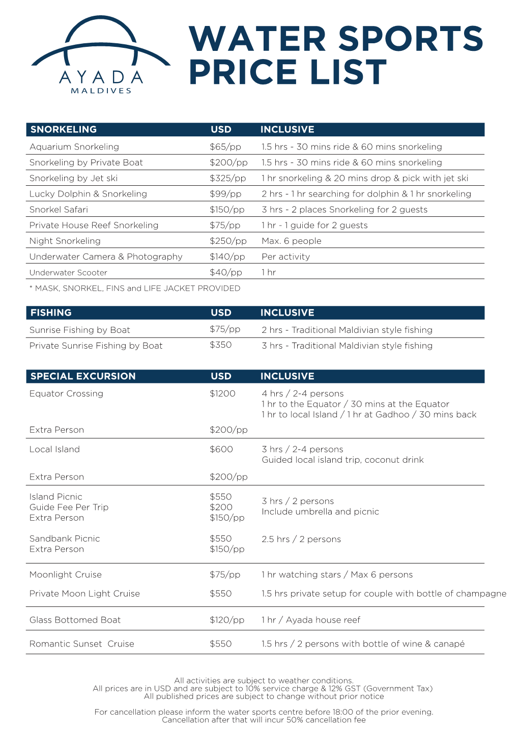 Water Sports Price List