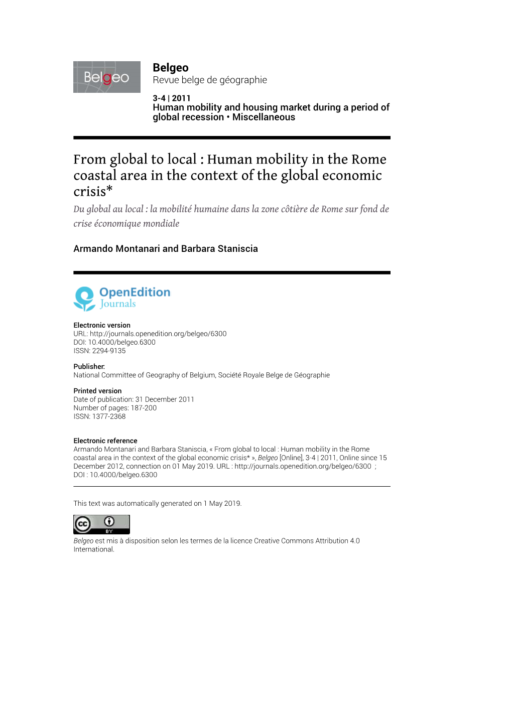 From Global to Local : Human Mobility in the Rome Coastal Area in The