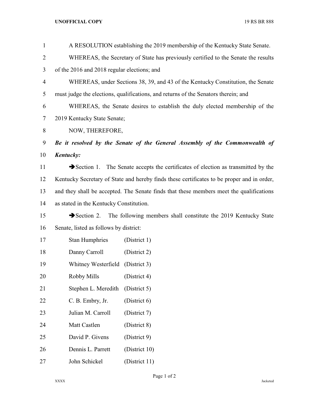 A RESOLUTION Establishing the 2019 Membership of the Kentucky State Senate