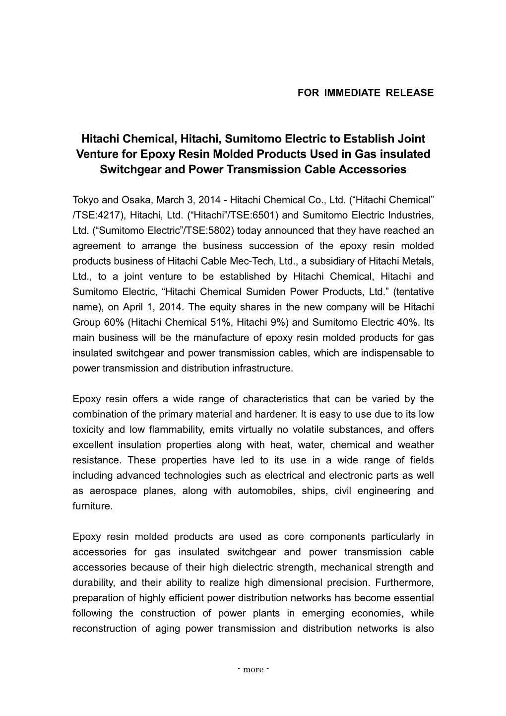 Hitachi Chemical, Hitachi, Sumitomo Electric to Establish Joint Venture