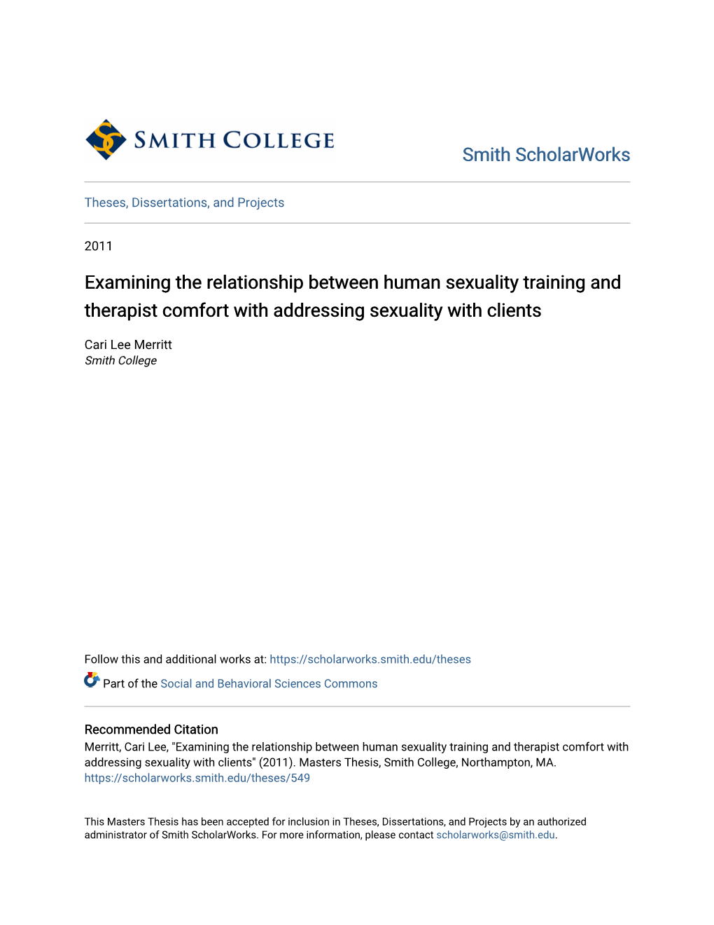 Examining the Relationship Between Human Sexuality Training and Therapist Comfort with Addressing Sexuality with Clients