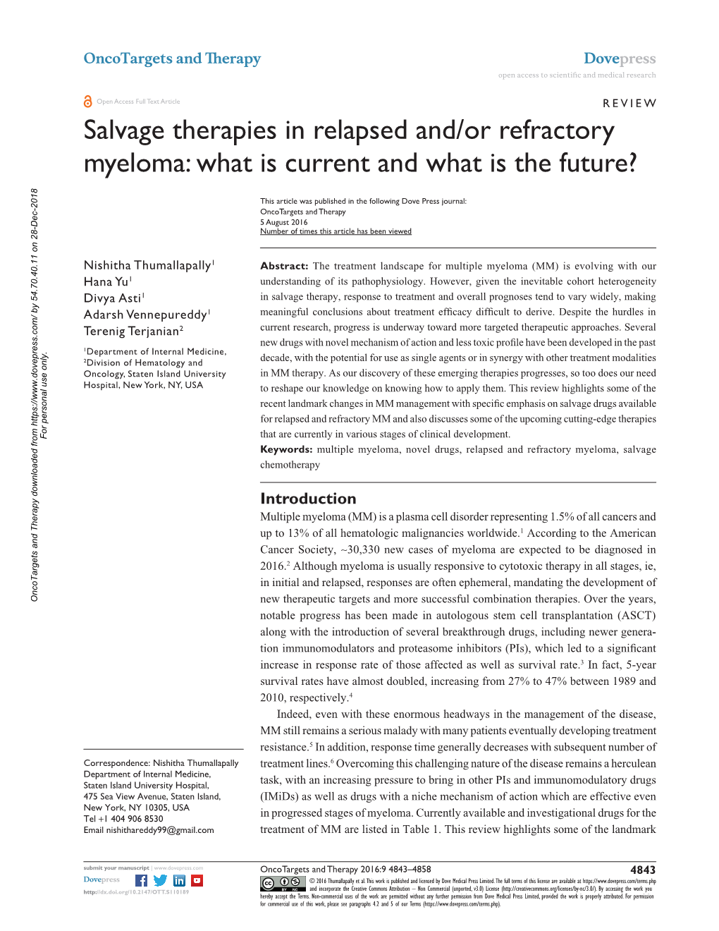 Salvage Therapies in Relapsed And/Or Refractory Myeloma: What Is Current and What Is the Future?