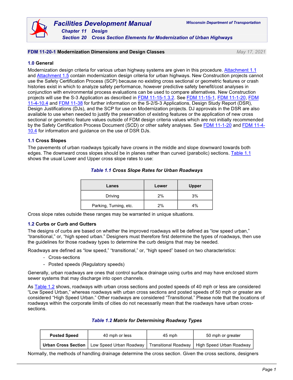 FDM 11-20-1 Modernization Dimensions and Design Classes May 17, 2021