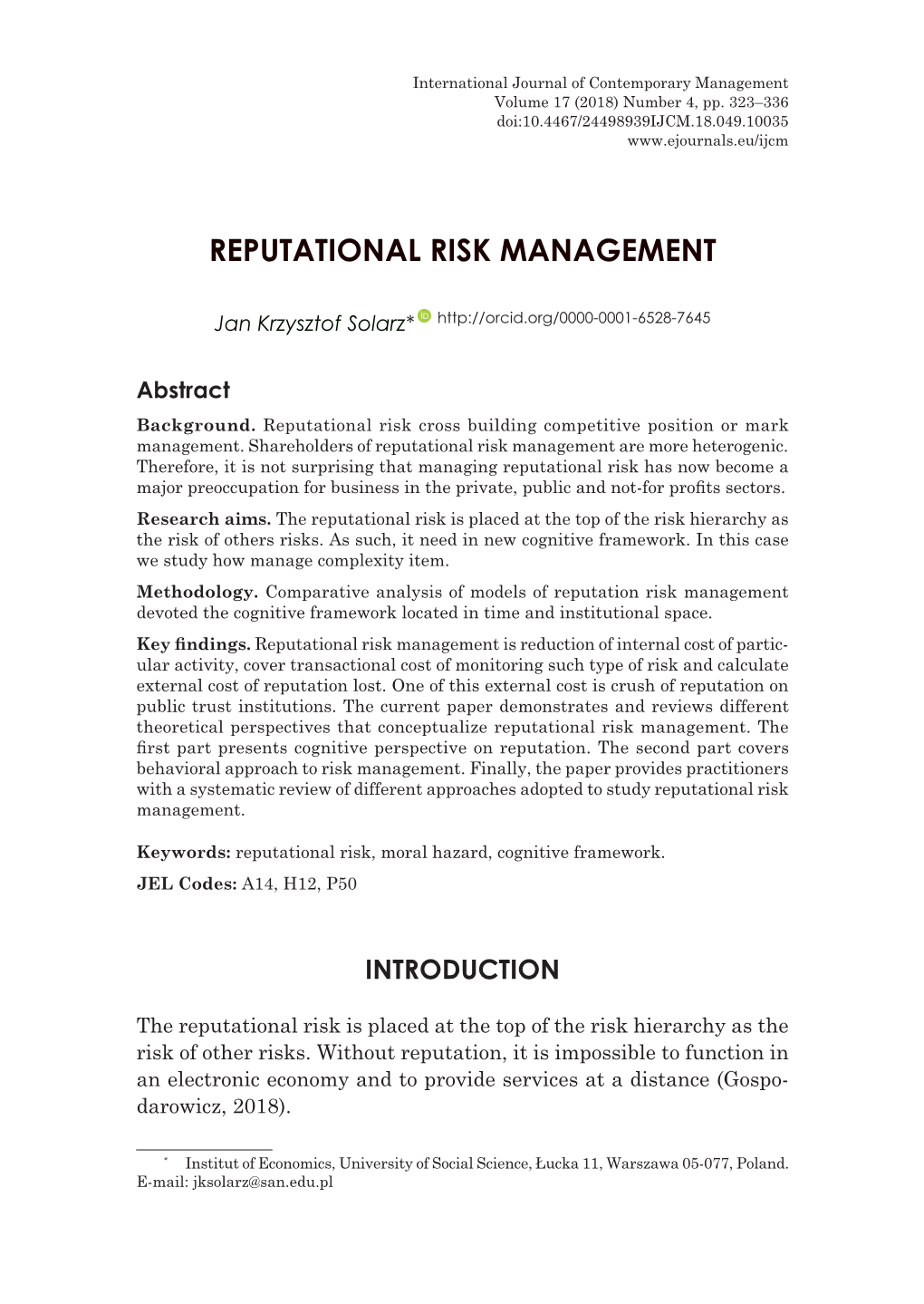 Reputational Risk Management