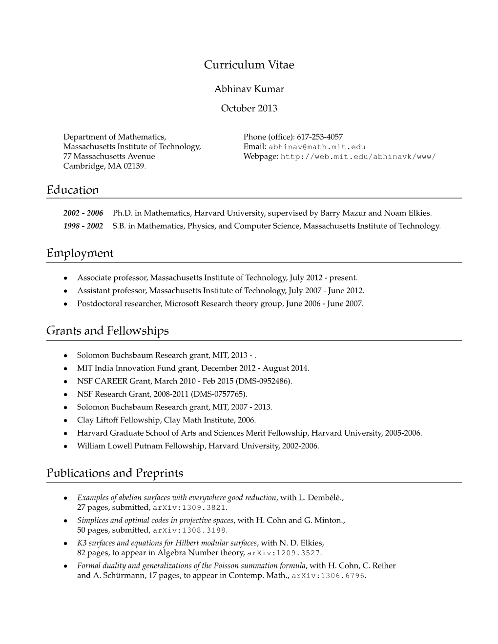 Curriculum Vitae Education Employment Grants And