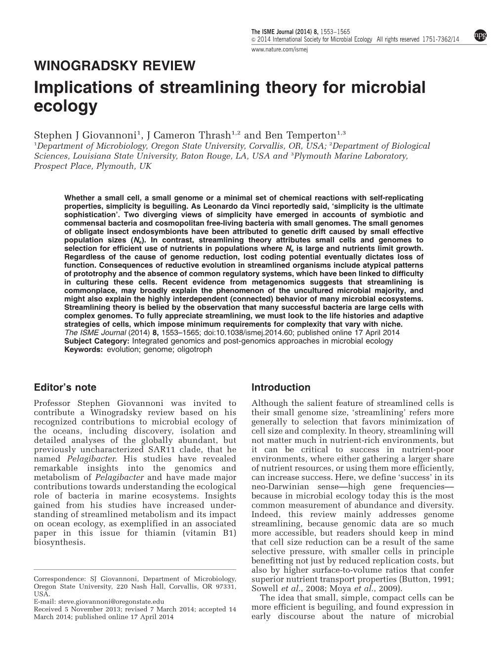 Implications of Streamlining Theory for Microbial Ecology