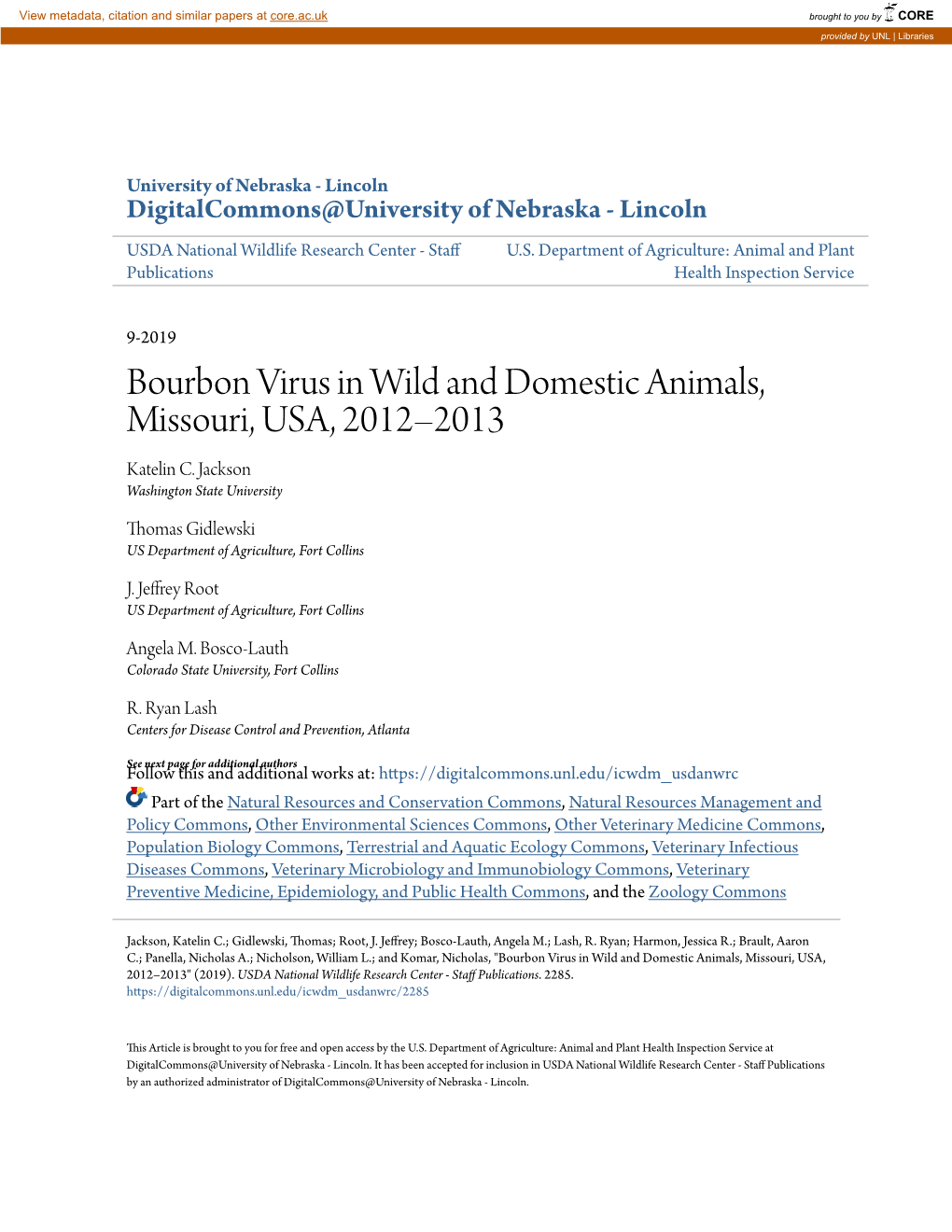 Bourbon Virus in Wild and Domestic Animals, Missouri, USA, 2012Â•Fi2013