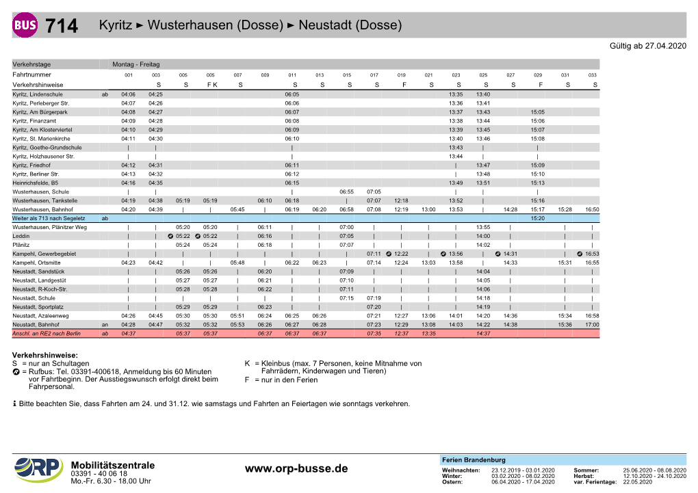 Kyritz ÷ Wusterhausen (Dosse) ÷ Neustadt (Dosse) Gültig Ab 27.04.2020