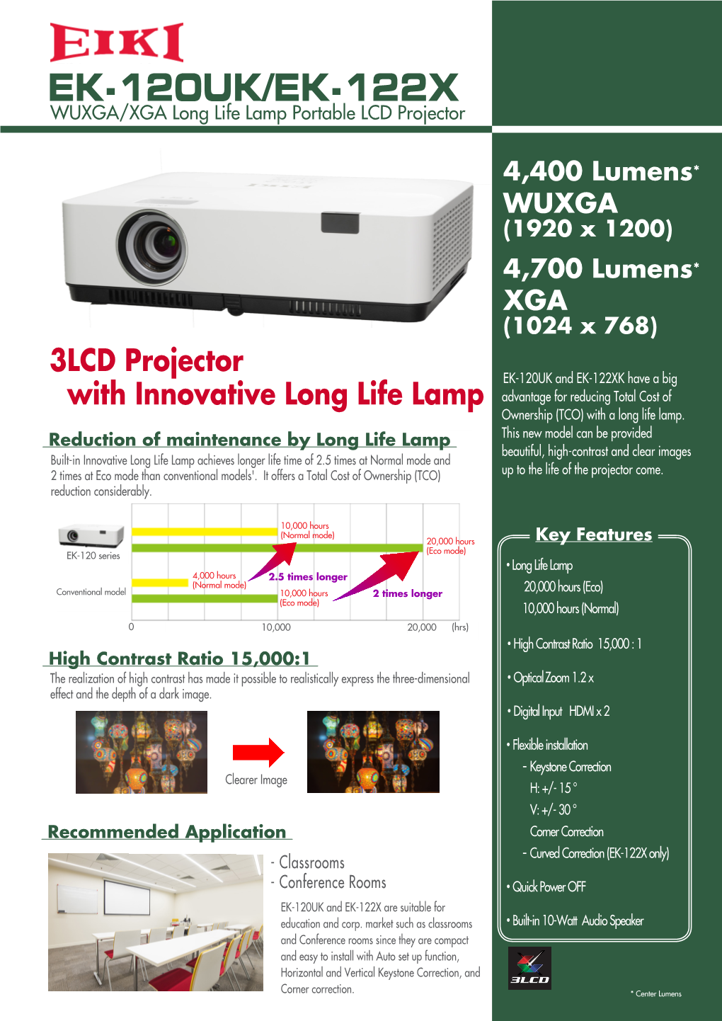 EK-120UK/EK-122X WUXGA/XGA Long Life Lamp Portable LCD Projector