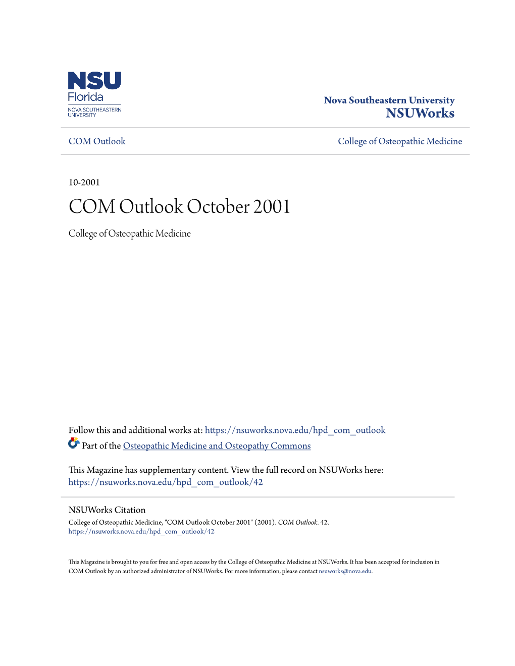 COM Outlook October 2001 College of Osteopathic Medicine