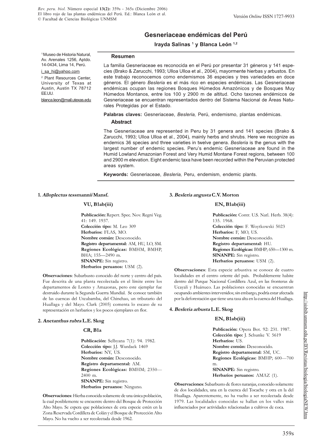 GESNERIACEAE ENDÉMICAS DEL PERÚ Versión Online ISSN 1727-9933 © Facultad De Ciencias Biológicas UNMSM