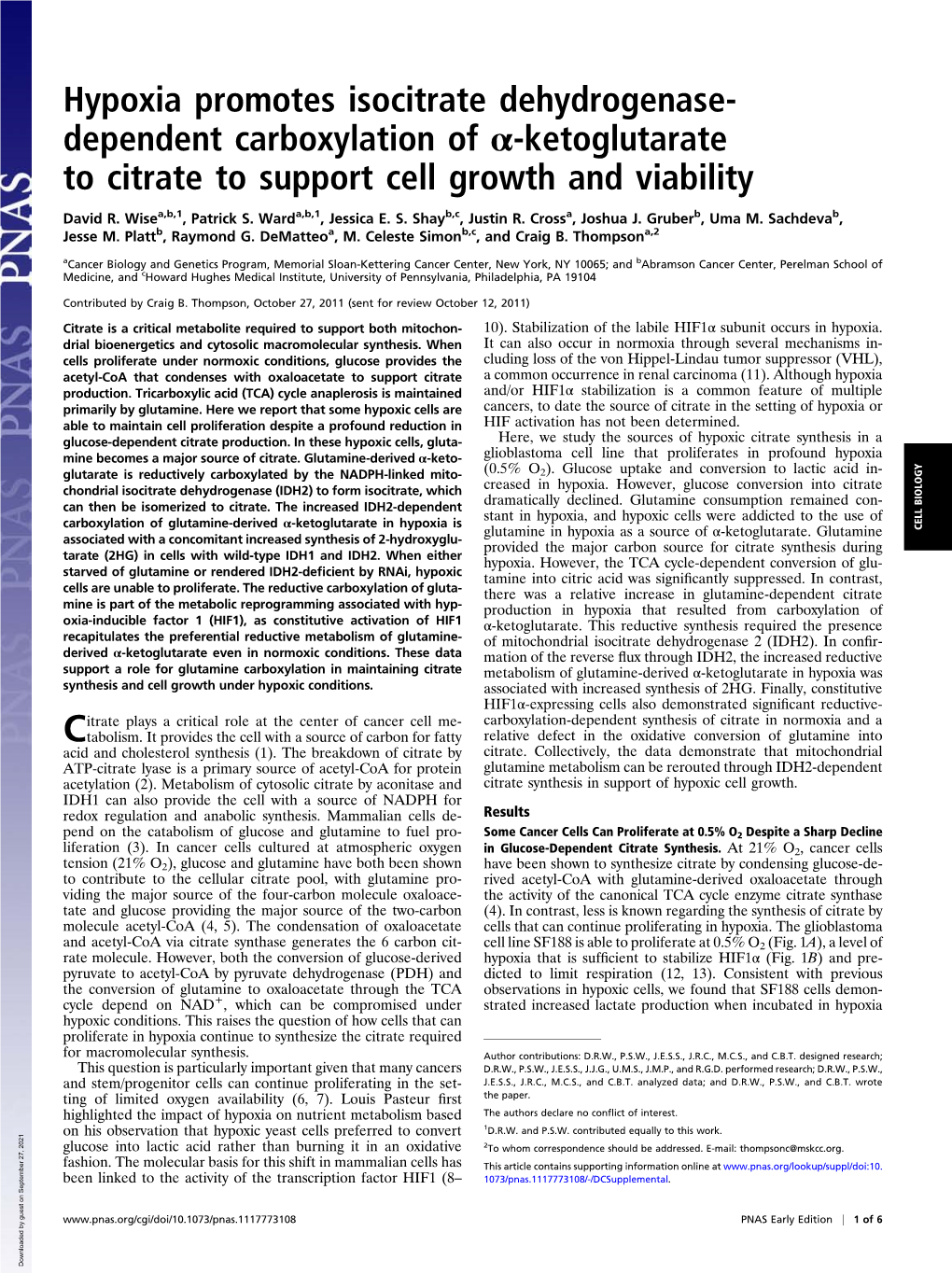 Dependent Carboxylation of Α-Ketoglutarate to Citrate to Support Cell Growth and Viability