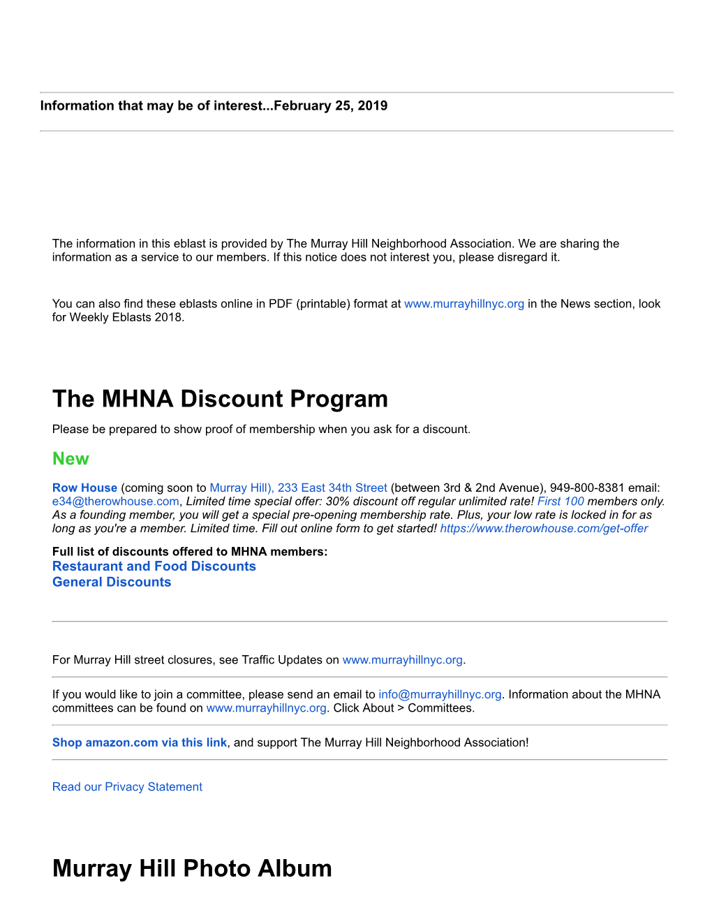 The MHNA Discount Program Murray Hill Photo Album