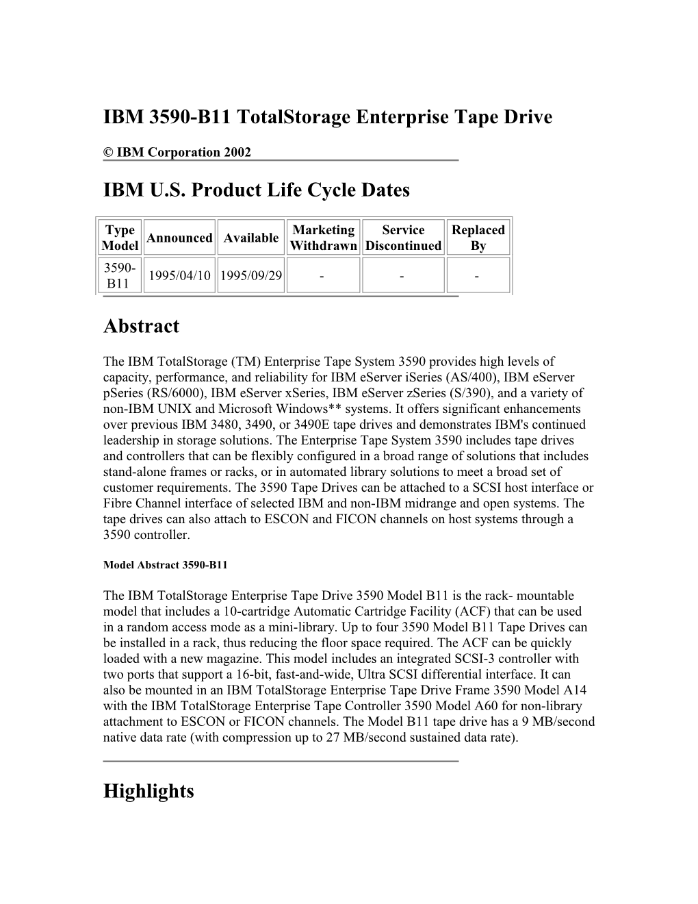 IBM 3590-B11 Totalstorage Enterprise Tape Drive