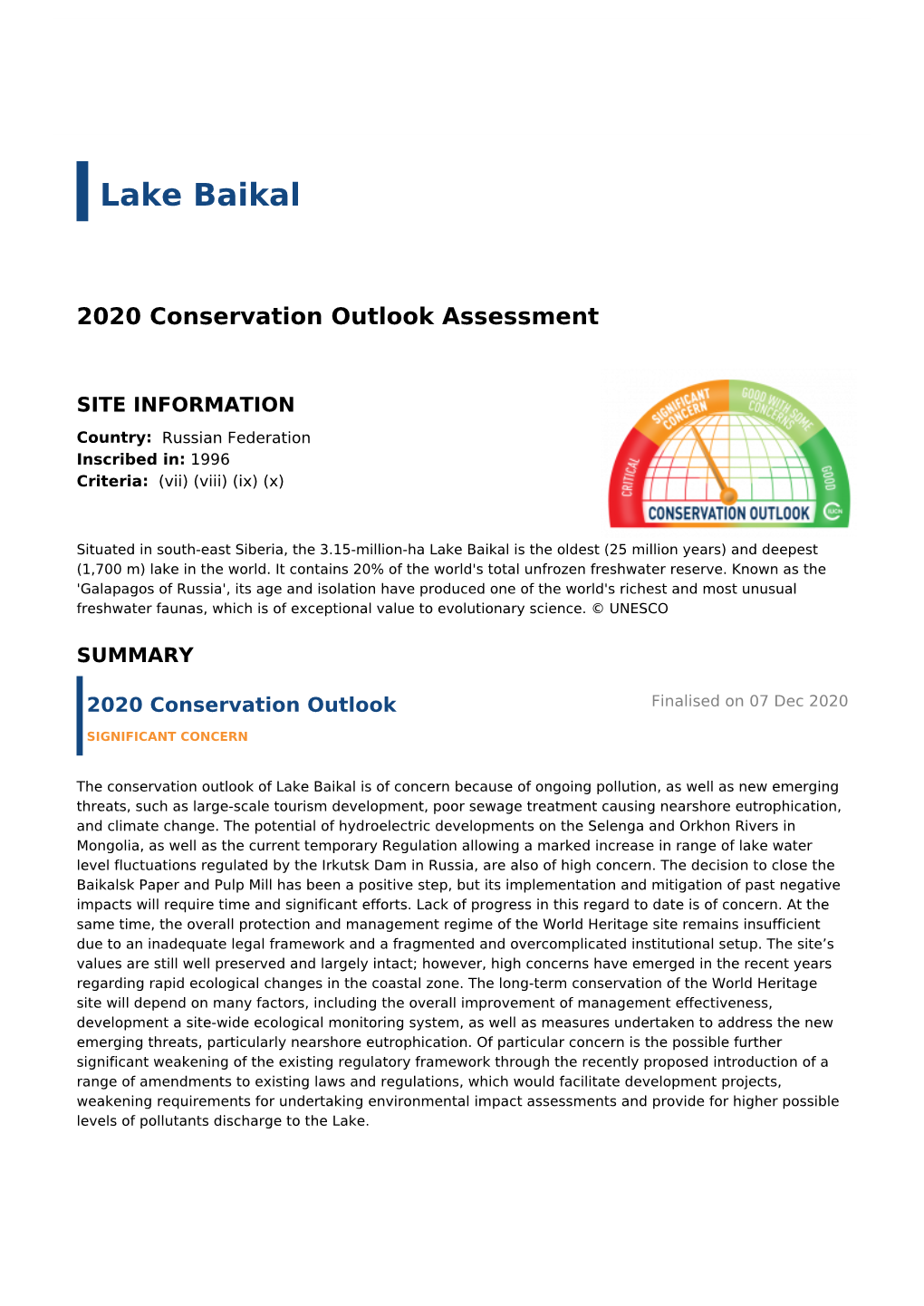 2020 Conservation Outlook Assessment