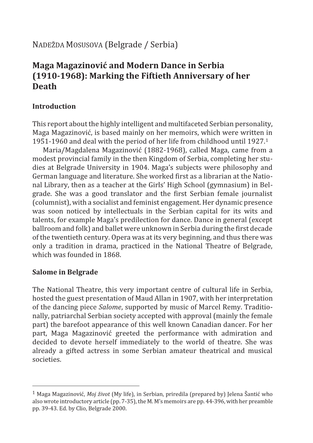 Maga Magazinović and Modern Dance in Serbia (1910-1968): Marking the Fiftieth Anniversary of Her Death