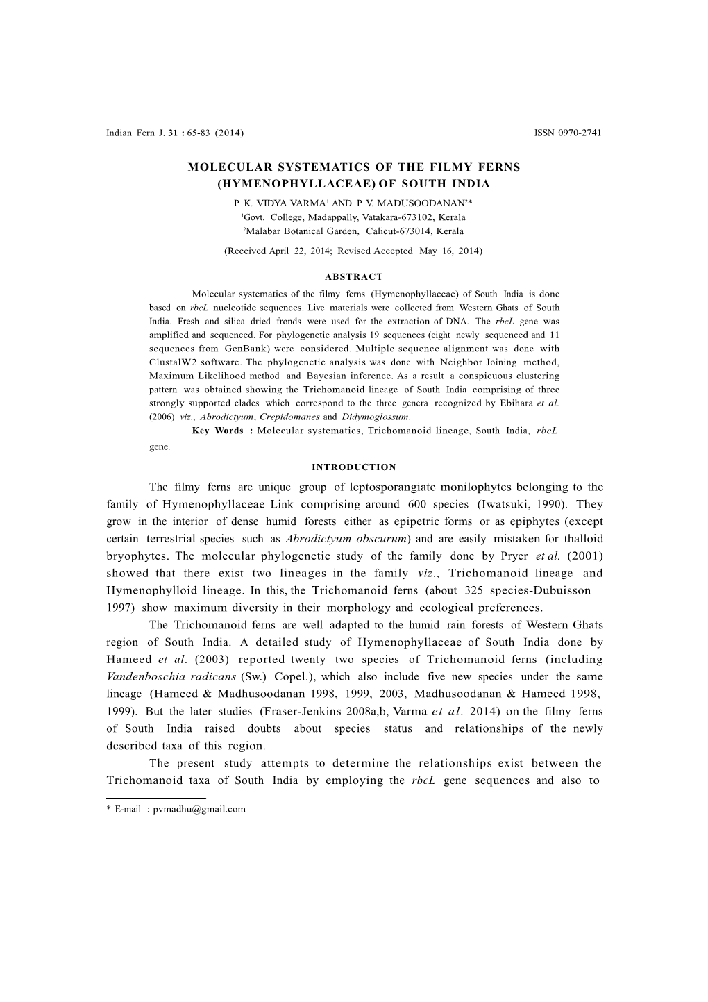 Molecular Systematics of the Filmy Ferns (Hymenophyllaceae) of South India P