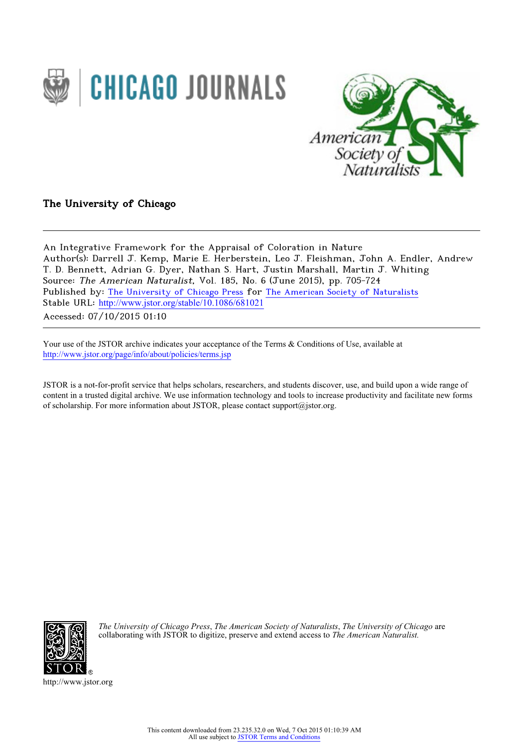 An Integrative Framework for the Appraisal of Coloration in Nature Author(S): Darrell J