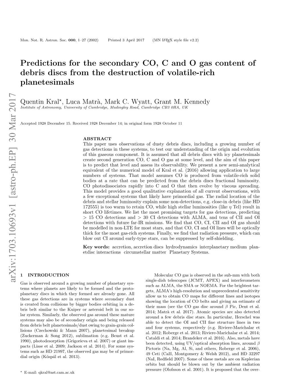 Predictions for the Secondary CO, C and O Gas Content of Debris Discs from the Destruction of Volatile-Rich Planetesimals