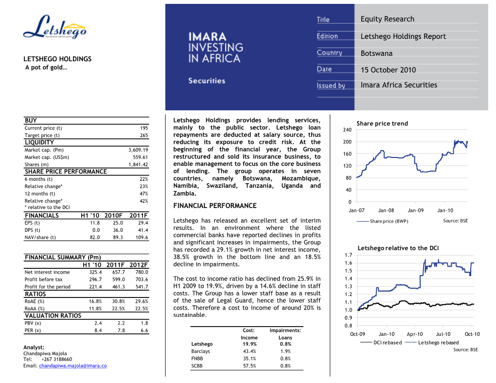 Equity Research Letshego Holdings Report Botswana 15 October 2010