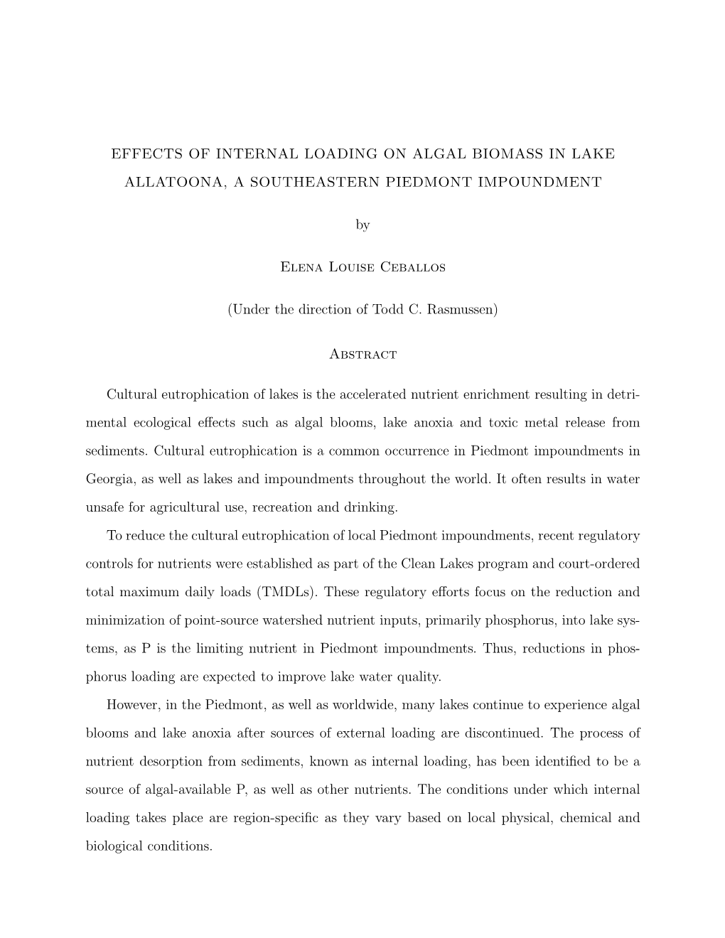 Effects of Internal Loading on Algal Biomass in Lake Allatoona, a Southeastern Piedmont Impoundment