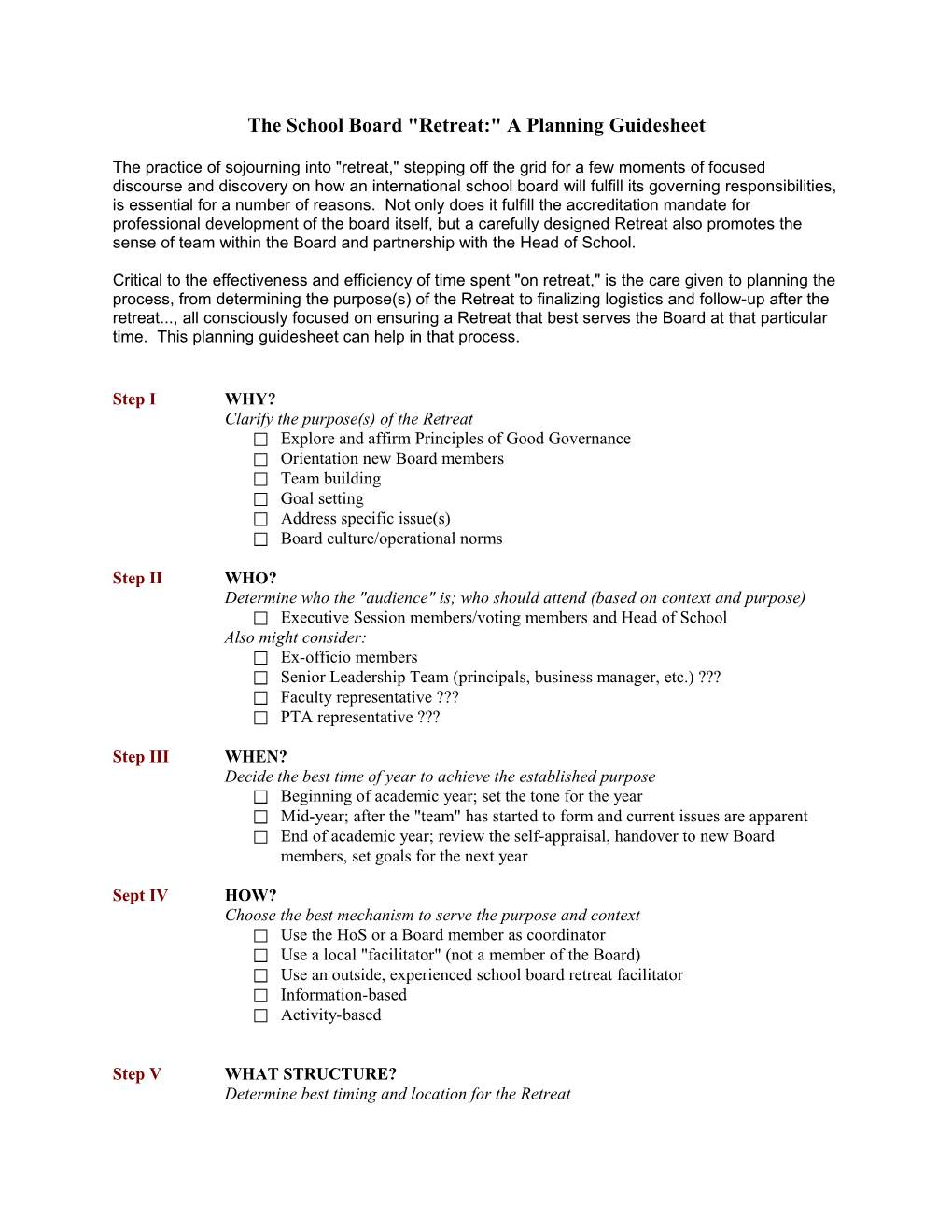 The School Board Retreat: a Planning Guidesheet