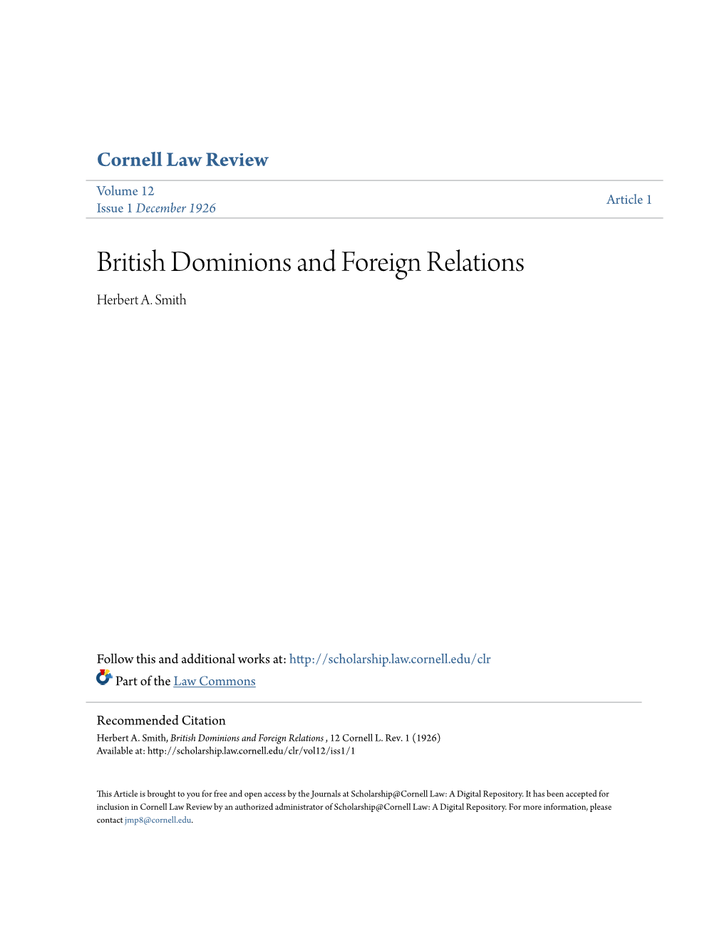 British Dominions and Foreign Relations Herbert A