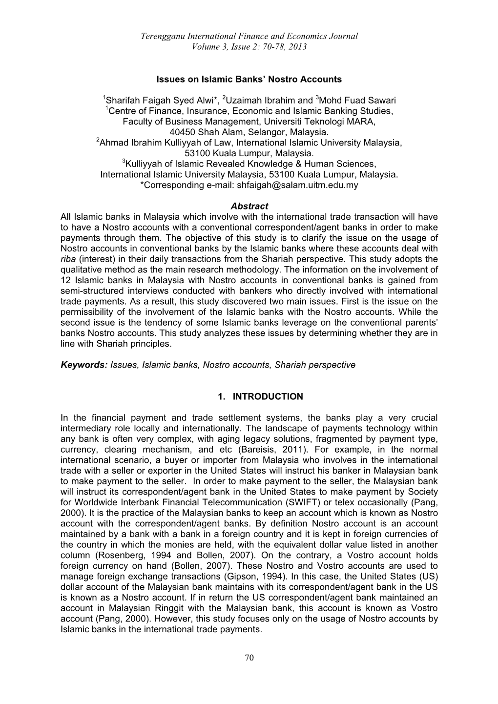 70-78, 2013 70 Issues on Islamic Banks' Nostro Accounts
