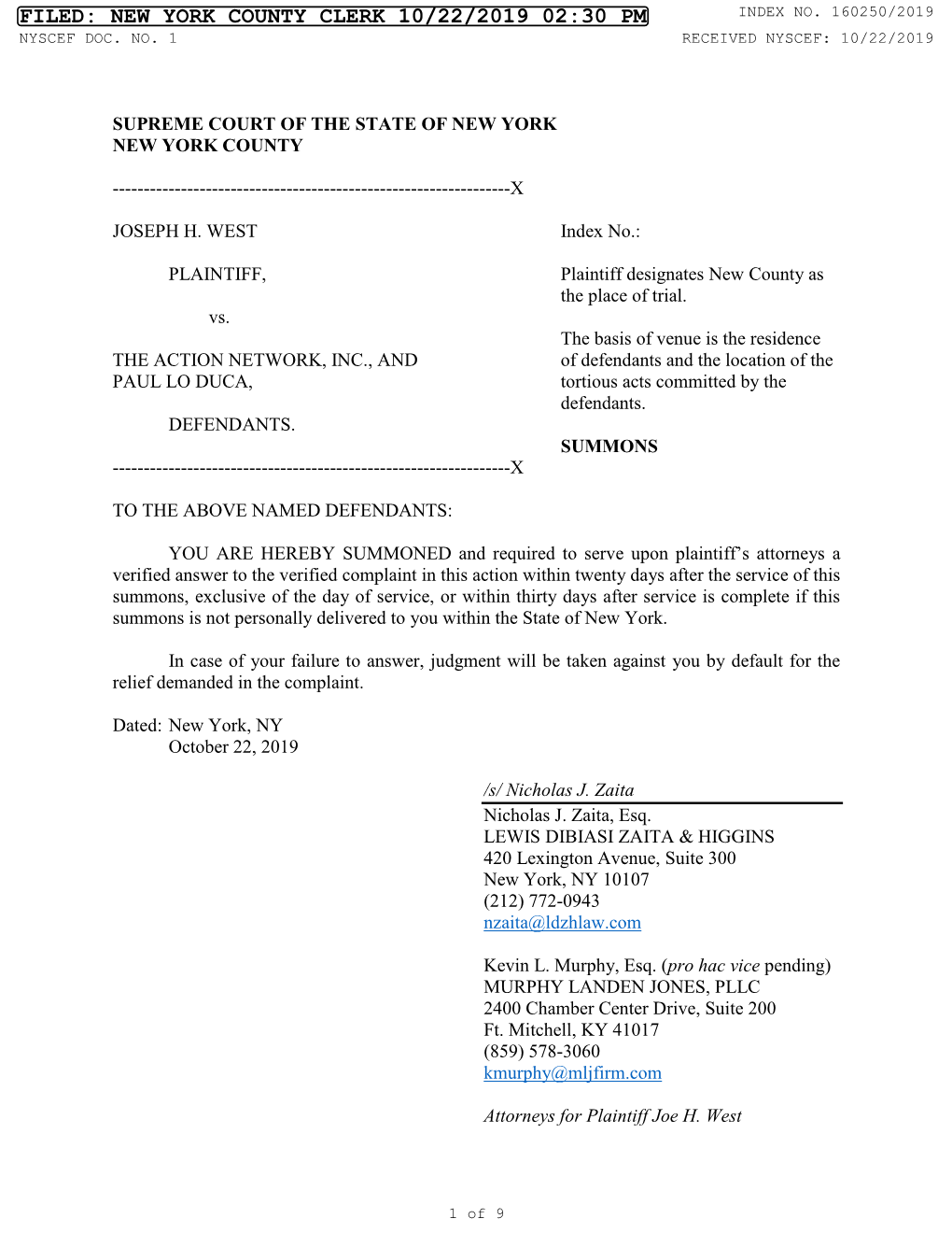 Filed: New York County Clerk 10/22/2019 02:30 Pm Index No