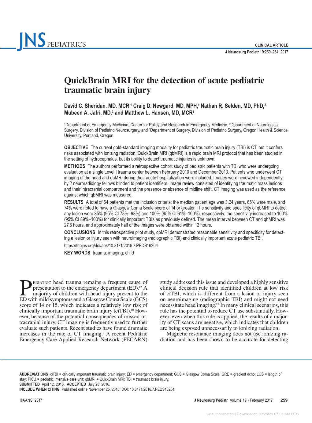 Quickbrain MRI for the Detection of Acute Pediatric Traumatic Brain Injury