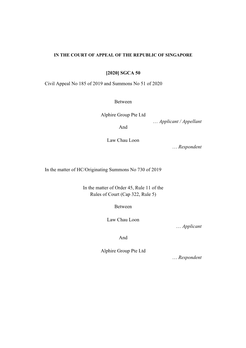 SGCA 50 Civil Appeal No 185 of 2019 and Summons No 51 of 2020 Between Alphire Group Pte