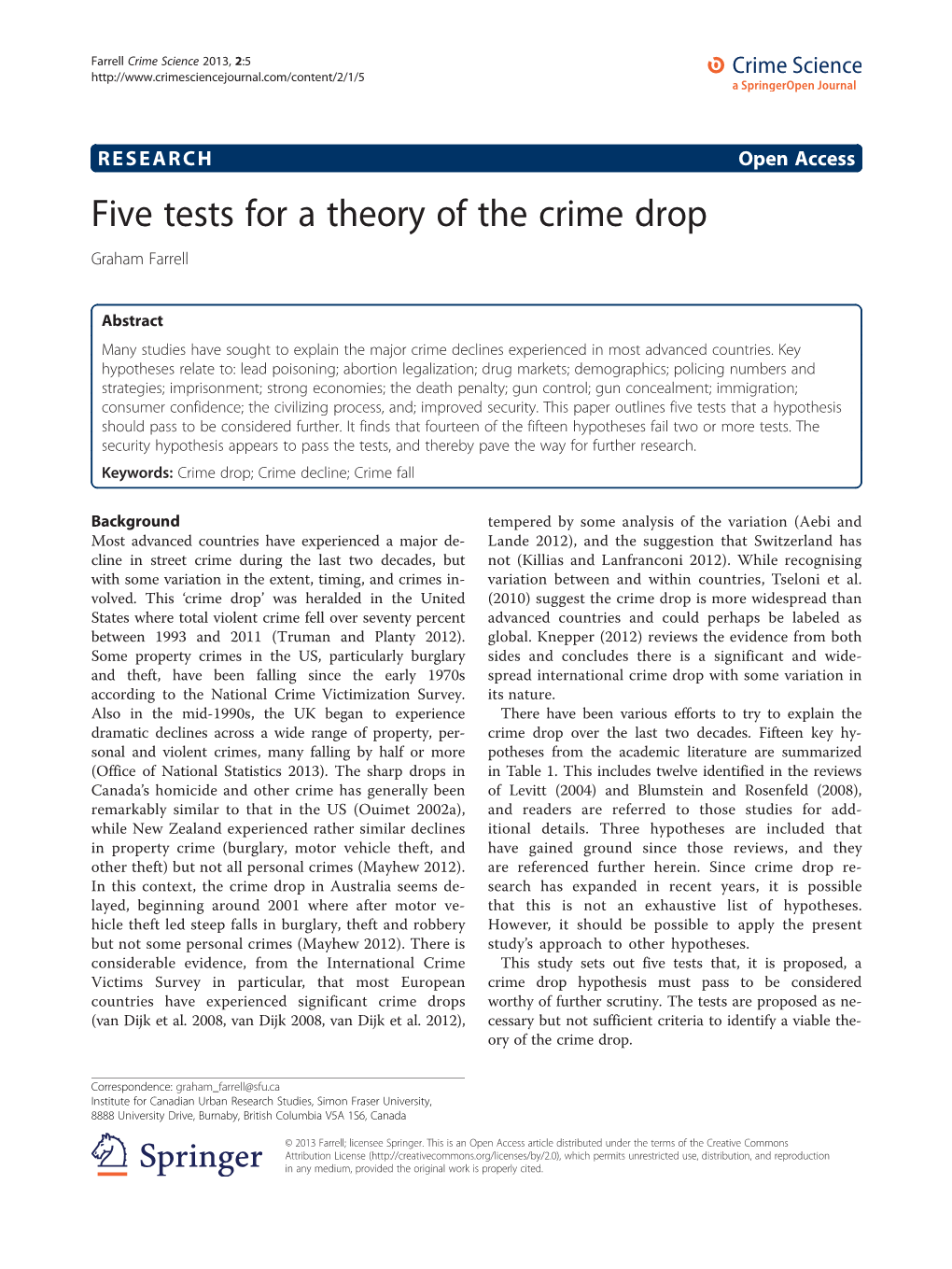 Five Tests for a Theory of the Crime Drop Graham Farrell