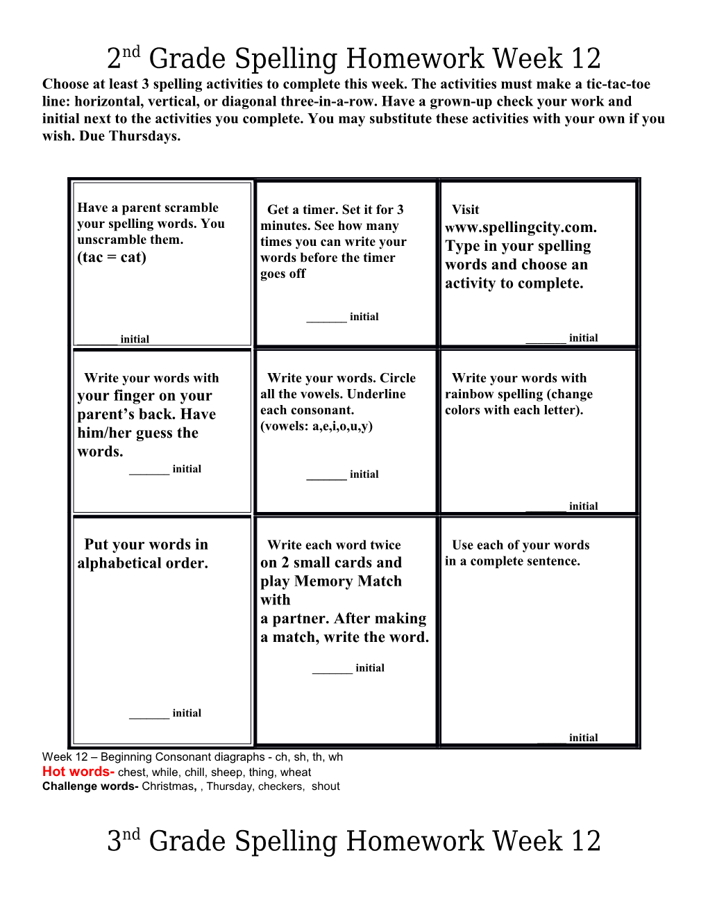 2Nd Grade Spelling Homework Week 12