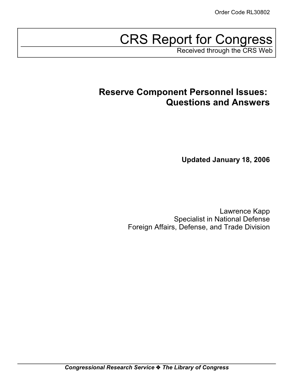 Reserve Component Personnel Issues: Questions and Answers